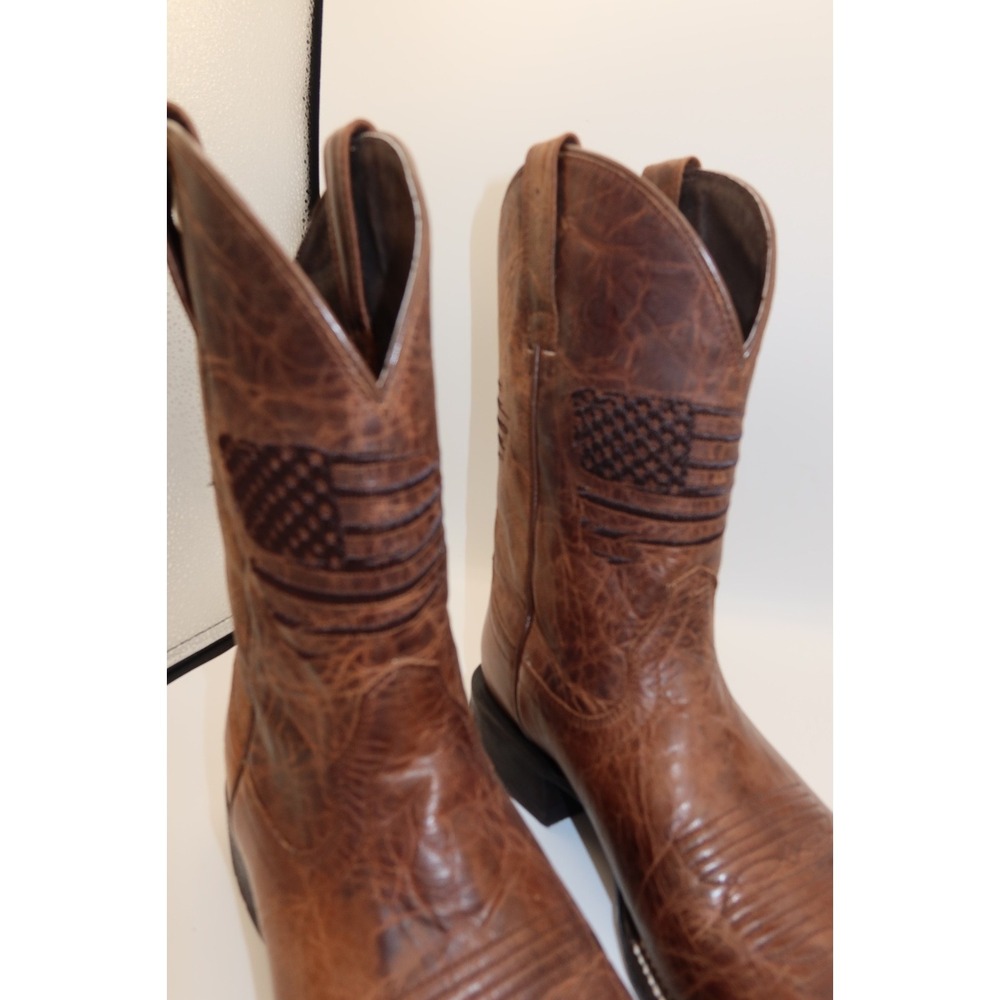 Ariat Brown Leather Western Cowboy Boots Men's 9.5 D Square Toe USA flag detail - Picture 2 of 8